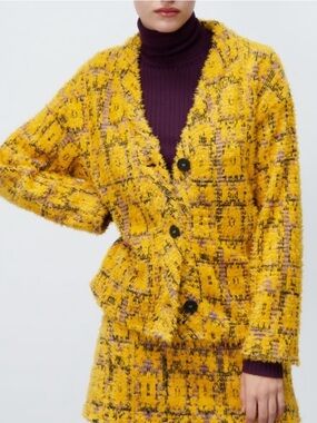 Zara Jacquard Print Cardigan Sweater Jacket Fuzzy Yellow Plaid Clueless Small